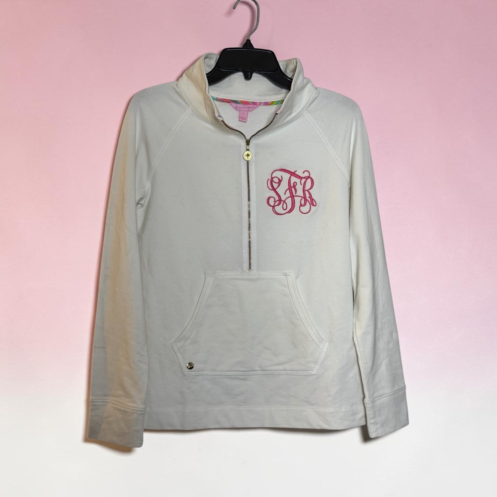 Lilly Pulitzer Skipper Popover White Half Zip Monogram SFR Sweatshirt Small